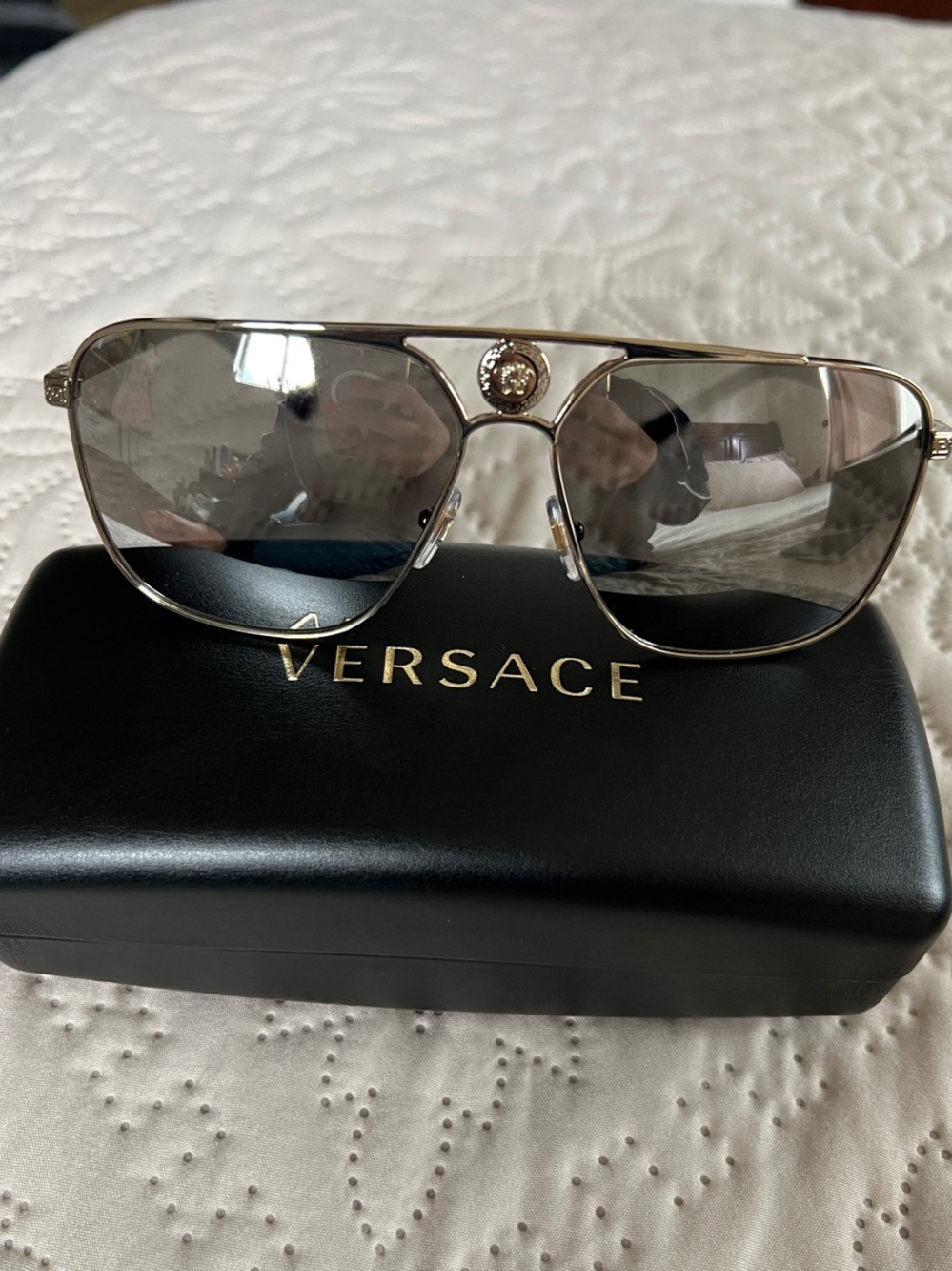 Versace pale gold Aviator Sunglasses with light gray mirror silver Lenses